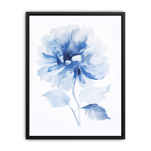 Soft blue watercolor flower with petals and leaves for calm bedroom wall decor.