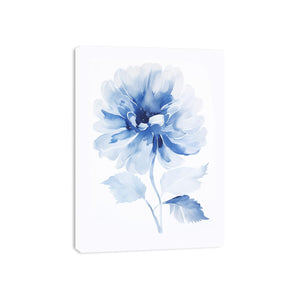 Soft blue watercolor flower with petals and leaves for calm bedroom wall decor.