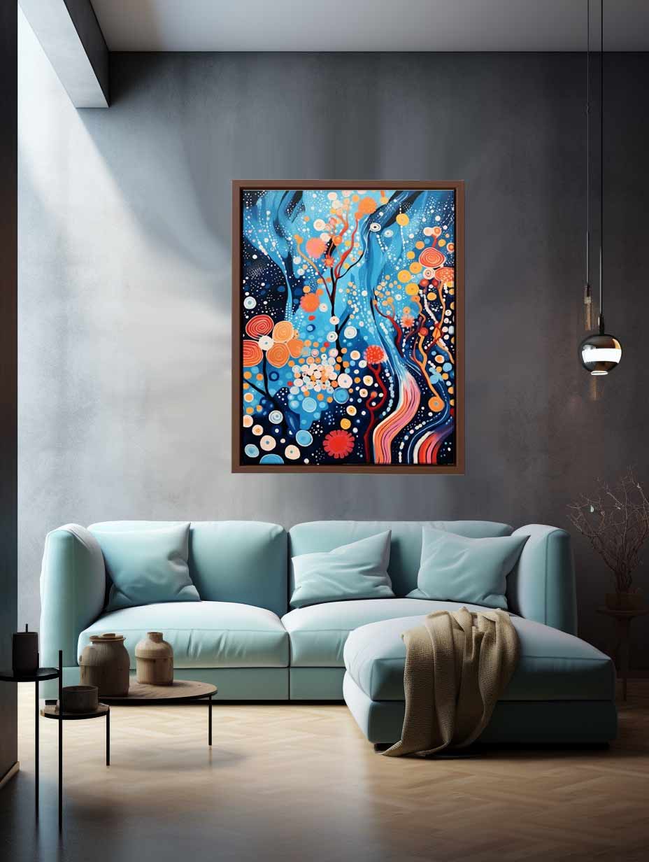 Vibrant blue and coral abstract painting with circles and flowing lines for modern decor.
