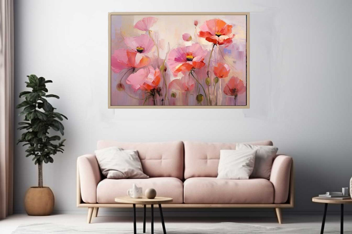 Soft pink and coral poppy flower painting for elegant bedroom and living room wall decor.