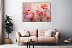 Soft pink and coral poppy flower painting for elegant bedroom and living room wall decor.