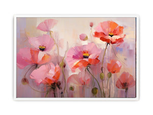 Soft pink and coral poppy flower painting for elegant bedroom and living room wall decor.