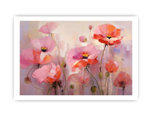 Soft pink and coral poppy flower painting for elegant bedroom and living room wall decor.