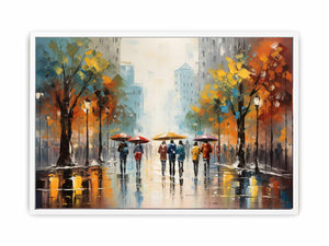 Rainy city street canvas art with colorful umbrellas for modern living room decor.