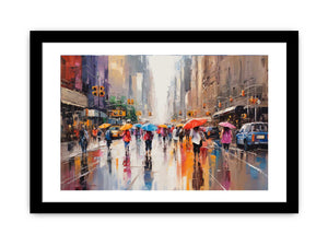 New York rainy street canvas art with umbrellas and taxis for modern urban decor.