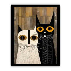 Abstract black and white cat canvas art with gold eyes for stylish bedroom decor.