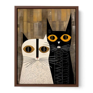 Abstract black and white cat canvas art with gold eyes for stylish bedroom decor.