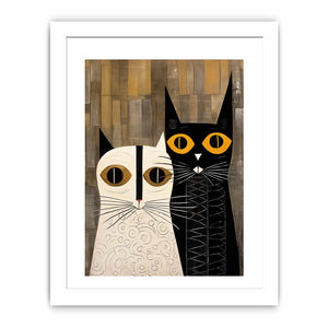 Abstract black and white cat canvas art with gold eyes for stylish bedroom decor.