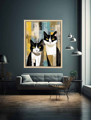 Modern tuxedo cat canvas art with abstract texture for bedroom or office decor.
