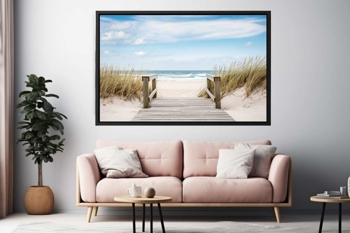 Coastal beach path canvas art with ocean dunes for calm modern living room decor.