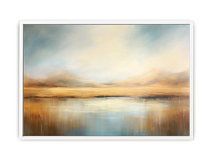 Neutral misty mountain lake canvas art for calm modern bedroom or living room decor.