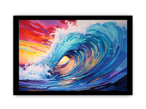 Colorful ocean wave canvas art with rainbow sunset tones for coastal living room decor.