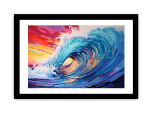Colorful ocean wave canvas art with rainbow sunset tones for coastal living room decor.