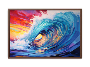 Colorful ocean wave canvas art with rainbow sunset tones for coastal living room decor.
