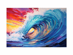 Colorful ocean wave canvas art with rainbow sunset tones for coastal living room decor.