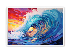 Colorful ocean wave canvas art with rainbow sunset tones for coastal living room decor.