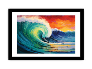 Vibrant teal ocean wave canvas art with sunset sky for coastal living room decor.