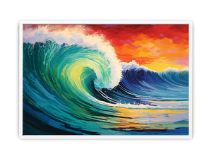 Vibrant teal ocean wave canvas art with sunset sky for coastal living room decor.
