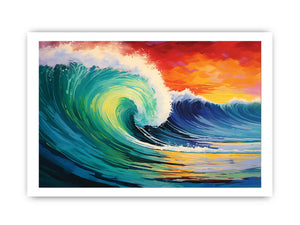 Vibrant teal ocean wave canvas art with sunset sky for coastal living room decor.