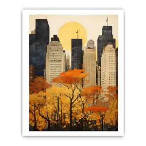 Autumn New York city canvas art with golden trees and skyline for elegant wall decor.