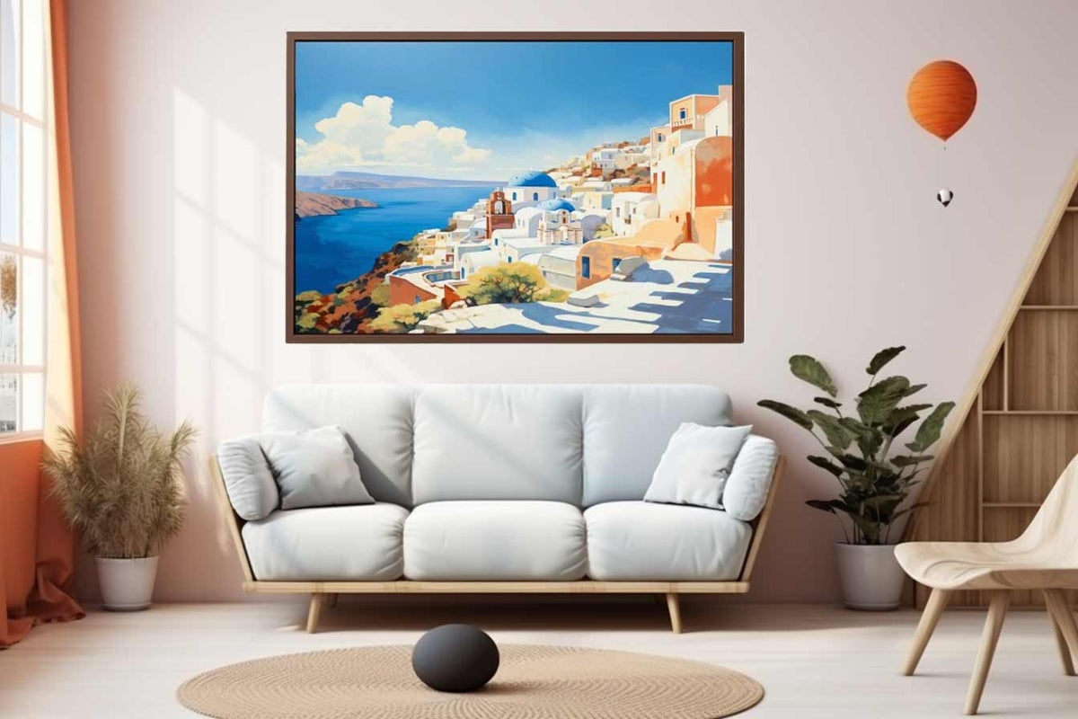 Sunlit santorini coastline with white buildings and blue domes for modern bedroom decor.