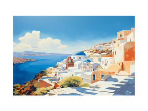 Sunlit santorini coastline with white buildings and blue domes for modern bedroom decor.