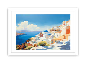 Sunlit santorini coastline with white buildings and blue domes for modern bedroom decor.