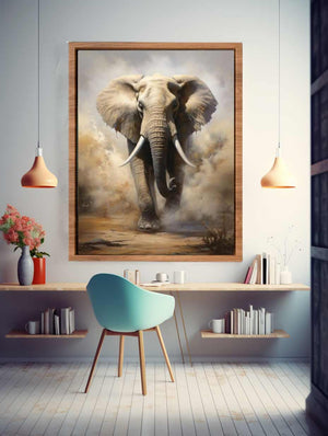 Charging elephant surrounded by storm dust and dramatic earth tones for modern bedroom decor.