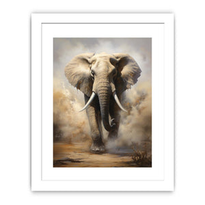 Charging elephant surrounded by storm dust and dramatic earth tones for modern bedroom decor.