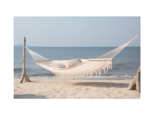 Cream hammock beach canvas art for relaxed coastal living room decor.