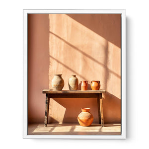 Terracotta ceramic jug still life canvas art for warm dining room decor.