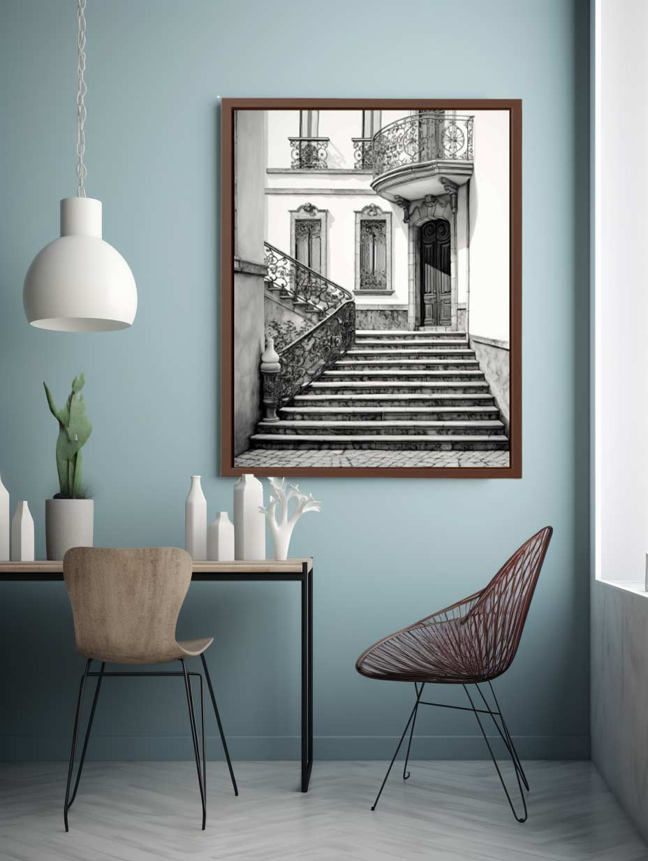 Black and white Parisian staircase architecture art with ornate ironwork for elegant hallway decor.