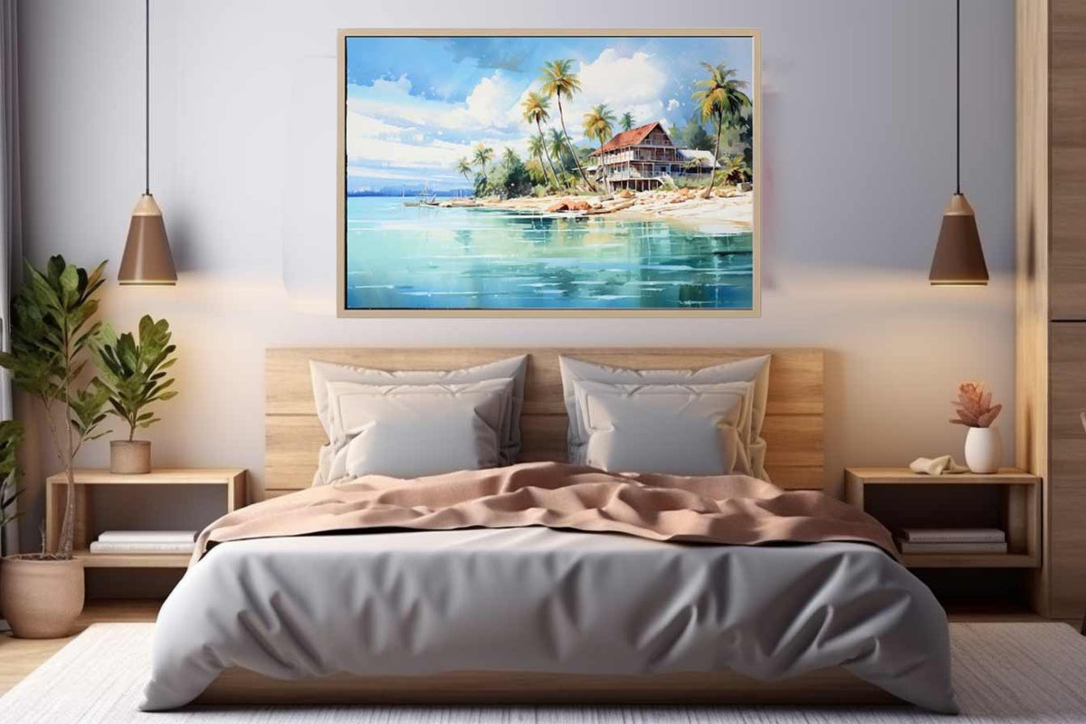 Tropical beach house canvas art with palm trees, turquoise water and boats for coastal living room decor.