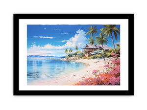 Coastal beach house canvas print with palm trees, blue lagoon water and flowers for relaxed home decor.