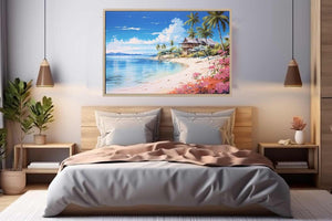 Coastal beach house canvas print with palm trees, blue lagoon water and flowers for relaxed home decor.