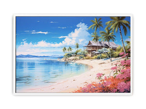 Coastal beach house canvas print with palm trees, blue lagoon water and flowers for relaxed home decor.