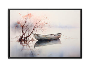 Soft watercolor boat artwork with blush tree branches and reflections for serene coastal bedroom wall decor.