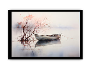 Soft watercolor boat artwork with blush tree branches and reflections for serene coastal bedroom wall decor.