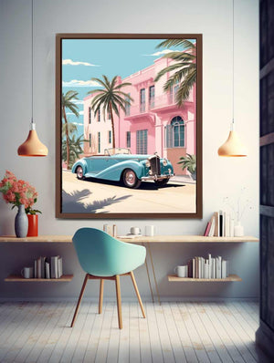 Vintage tropical car wall art with turquoise convertible, pink palace and palm trees for stylish room decor.