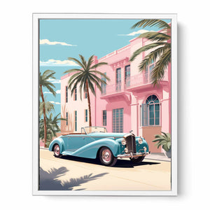 Vintage tropical car wall art with turquoise convertible, pink palace and palm trees for stylish room decor.