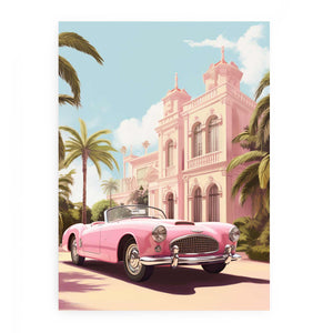 Pink vintage convertible wall art with tropical palace, palm trees and blue sky for glamorous room decor.