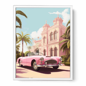Pink vintage convertible wall art with tropical palace, palm trees and blue sky for glamorous room decor.