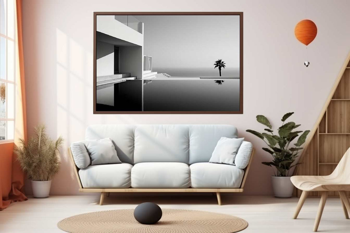 Minimal black and white coastal villa canvas art for modern living room decor.