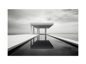 Black and white minimalist pool pavilion artwork for contemporary living room decor.