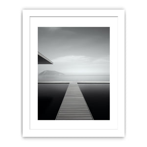 Minimal black and white jetty and ocean canvas art for peaceful bedroom styling.