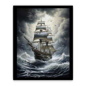 Moody tall ship storm canvas art for nautical office and living room decor.