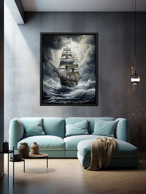 Moody tall ship storm canvas art for nautical office and living room decor.