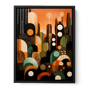 Orange green abstract city canvas print for bold contemporary wall decor.