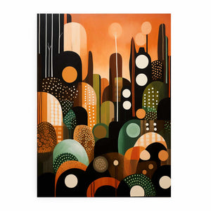 Orange green abstract city canvas print for bold contemporary wall decor.