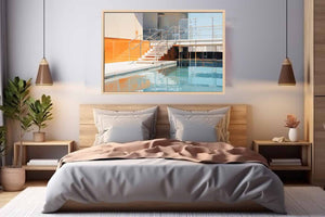 Modern pool staircase canvas art with blue water and orange architectural accents.